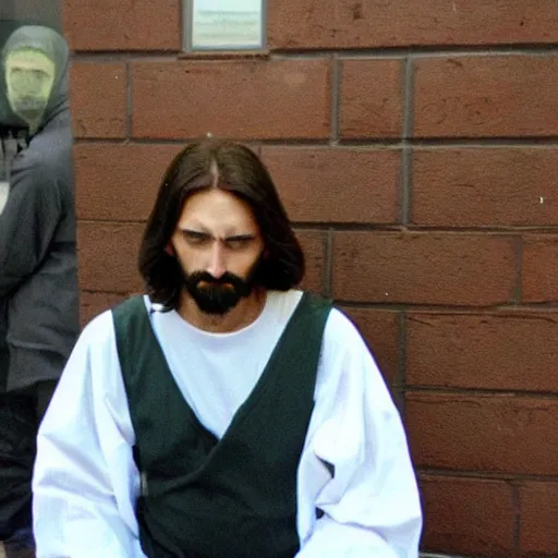 Image similar to jesus as a bank robber, photograph