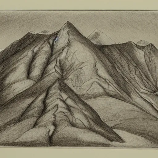 Prompt: an anatomy of mountains, in the style of john ruskin, pencil on paper, british museum