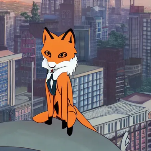 Image similar to key anime visual of an anthropomorphic fox, wearing a tuxedo on a city rooftop at sunrise, modern anime style, official anime still