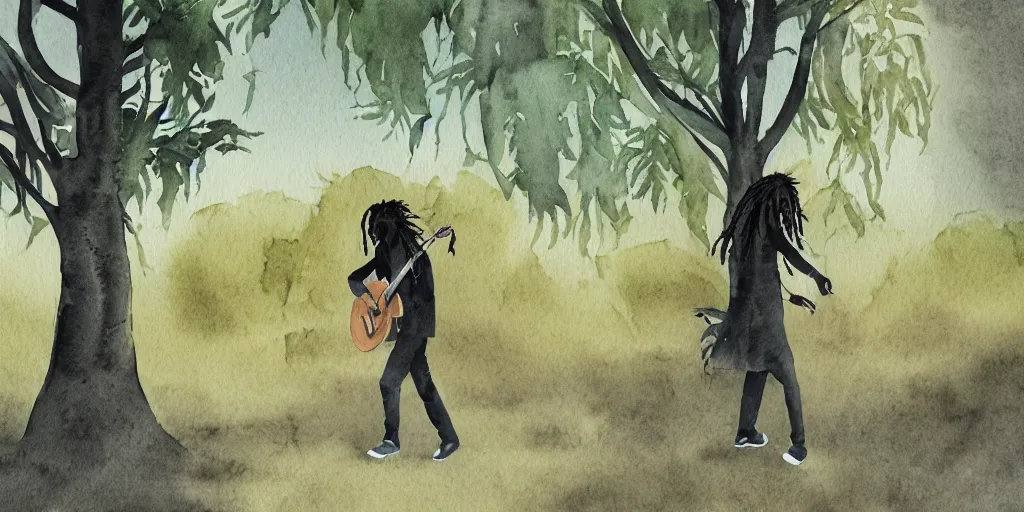 Image similar to side shot of a man with dreadlocks walking while playing the guitar with trees in the background, in watercolor style, animation, concept art