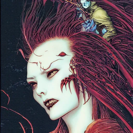 Image similar to closeup of vampire kiss, wax, by yoichi hatakenaka, masamune shirow, josan gonzales and dan mumford, ayami kojima, takato yamamoto, karol bak