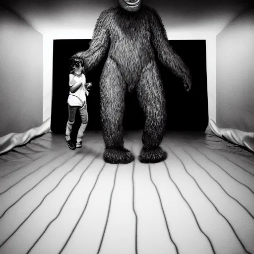 Image similar to cinematic photo of a 1 2 foot high big foot on a jumping castle with scared children, overcast, dark shadows, muted palette, directed by david lynch