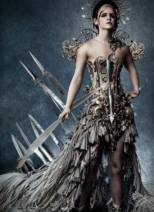 Prompt: expressive full body photo of a emma watson, headpiece made from knives, dress made of swords, glamour shot, by karol bak, by stefan gesell, photorealistic, canon r 3, fashion photography, hyper maximalist, elegant, ornate, luxury, elite, environmental portrait, symmetrical features, octane render, unreal engine, solid dark grey background, dramatic lights