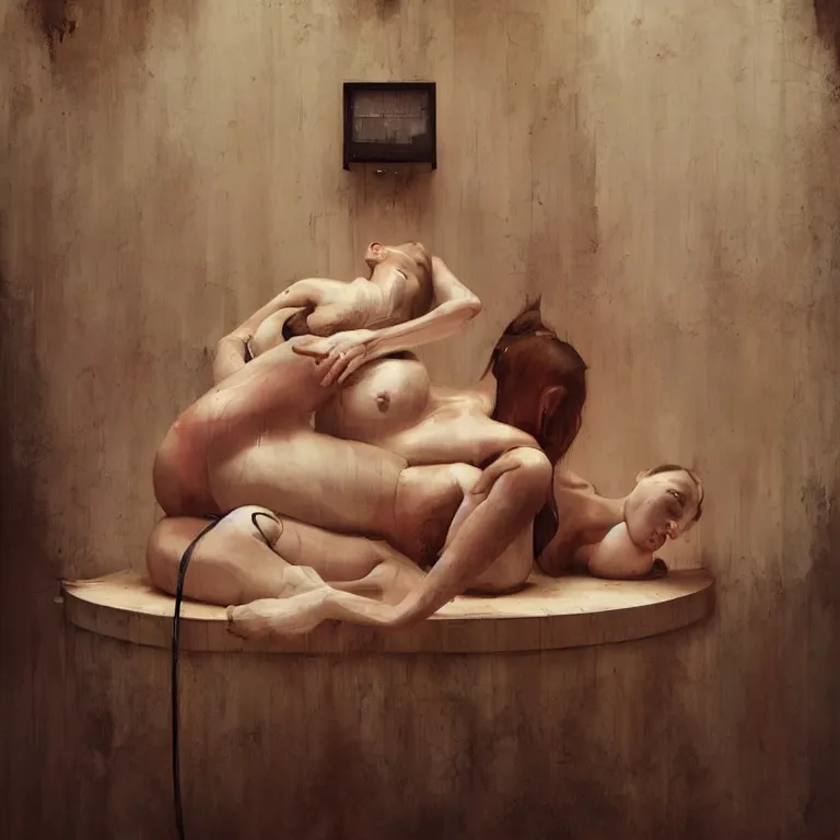 Prompt: woman in sauna in the style of adrian ghenie, 3 d render, esao andrews, jenny saville, surrealism, dark art by james jean, ross tran
