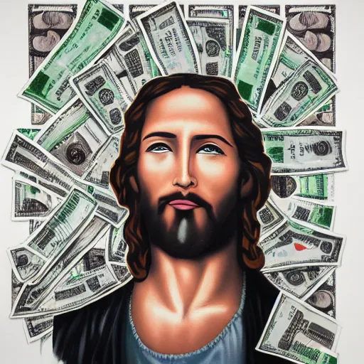 Image similar to painting of Jesus in the style of Alec monopoly, raining money