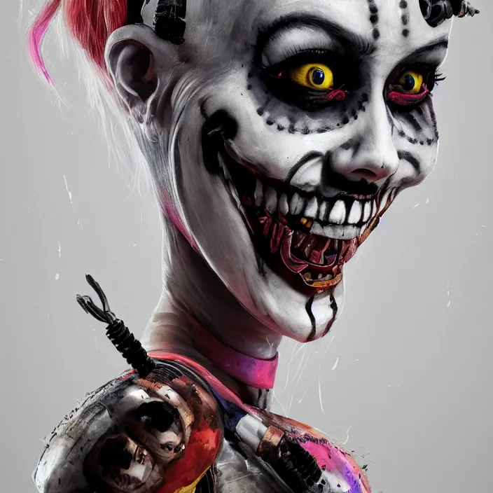 Image similar to portrait of Harley Quinn as a skeleton. intricate abstract. intricate artwork. nightmare fuel. by Tooth Wu, wlop, beeple, dan mumford. octane render, trending on artstation, greg rutkowski very coherent symmetrical artwork. cinematic, hyper realism, high detail, octane render, 8k, iridescent accents