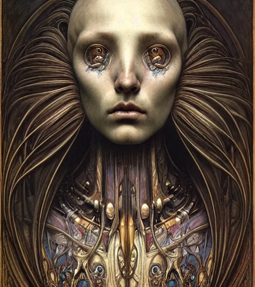 Image similar to detailed realistic beautiful young medieval alien robot grimez face portrait by jean delville, gustave dore and marco mazzoni, art nouveau, symbolist, visionary, gothic, pre - raphaelite. horizontal symmetry by zdzisław beksinski, iris van herpen, raymond swanland and alphonse mucha. highly detailed, hyper - real, beautiful