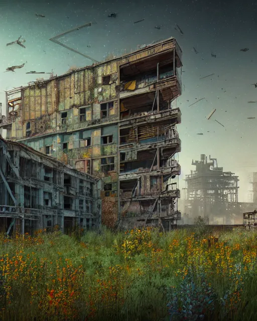 Prompt: a beautiful photorealistic illustration of unfinished building industrial architecture building urbex nature architecture city village by denis sarazhin, alien nature crystal san andreas laser rainforest mercury meadow cosmic landscape tundra bladerunner 2 0 4 9 flowers thermal imaging thermal vision, archdaily, wallpaper, highly detailed, trending on artstation.