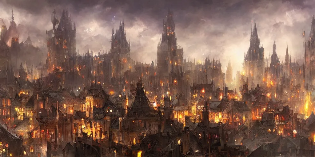 Prompt: beautiful medieval city by Raymond Swanland