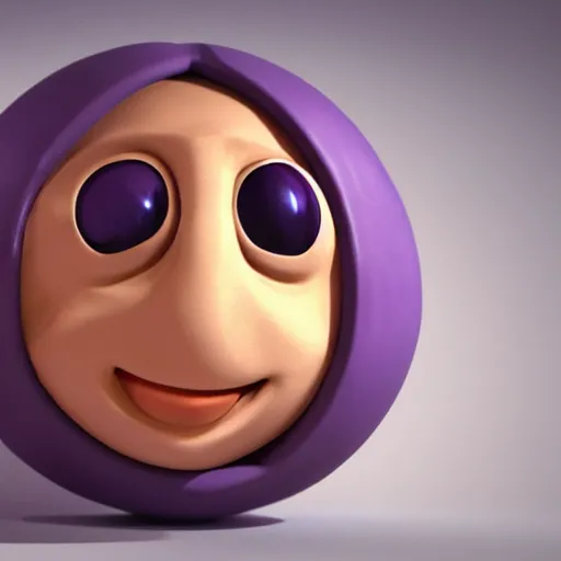 Prompt: photo of a clay model of character with large spherical purple head and tiny eyes with comically tiny body and spindly limbs leans close to the camera, fish eye lens, 4 k, hyper realistic, hyper detailed face, octane render, comedic, cute