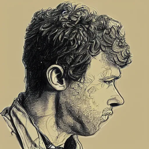 Image similar to a realistic yet scraggly portrait sketch of the side profile of a stern and sophisticated napoleon dynamite, trending on artstation, intricate details, in the style of frank auerbach, in the style of sergio aragones, in the style of martin ansin, in the style of david aja, in the style of mattias adolfsson