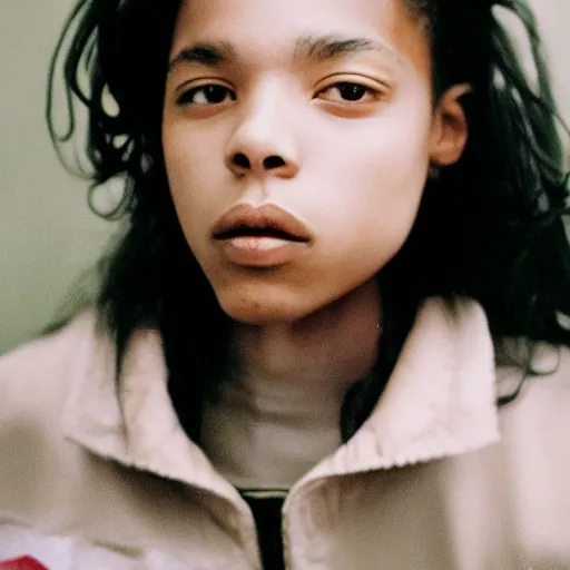 Image similar to realistic! photoshoot for a new vetements lookbook, color film photography, portrait of a beautiful woman, in style of tyler mitchell, 35mm