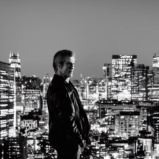 Prompt: a still of mel gibson, studio lighting, shallow depth of field, lights of city in the background, profession photography, 4 k