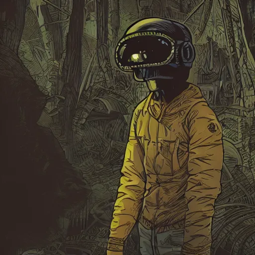 Prompt: in the style of max prentis and deathburger and laurie greasley a close up of a young explorer wearing a cyberpunk headpiece sitting within an ancient and dense mechanical forest, highly detailed, 8 k wallpaper