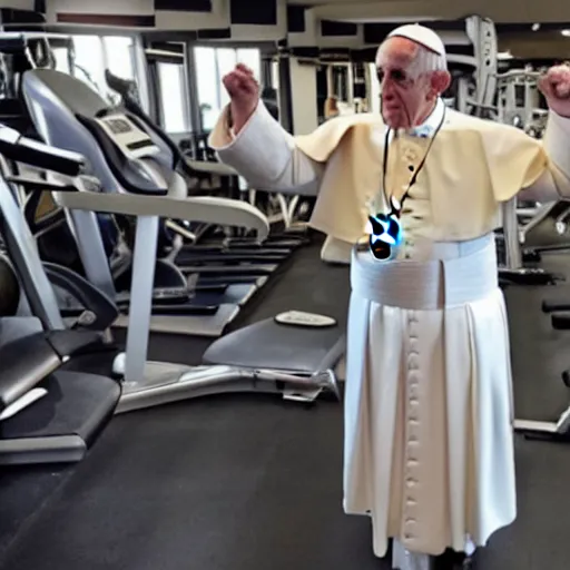 Image similar to a very muscular Pope Francis is flexing in a gym, photorealistic,