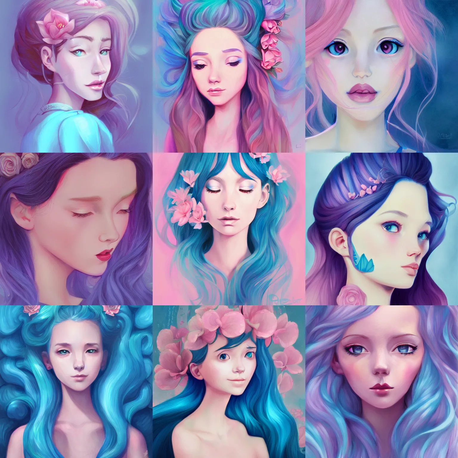 Prompt: portrait of a girl with blue flowing hear, portrait by loish, and Lois van Baarle, daily deviation, disney inspired, semirealism, pink flower