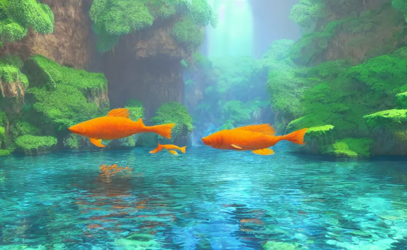 Image similar to a cave lake with some big orange fish inside, studio ghibli, pixar style, octane render, unreal engine 5, path traced, highly detailed, high quality, 8 k, soft lighting, godrays, complementary colors, natural lighting, water parallax, serene landscape, beautiful, elegant, digital painting