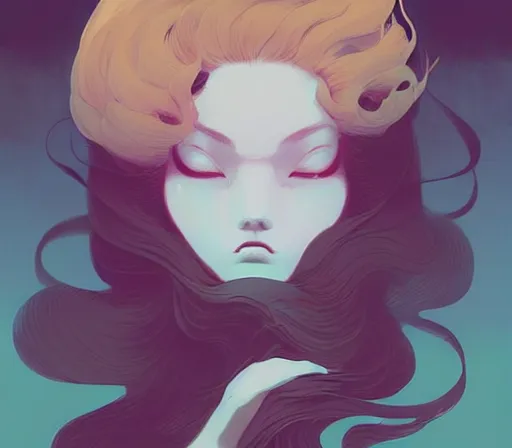 Image similar to beautiful artistic - wave highly detailed portrait female, with kitsune mask, long red hair, by atey ghailan, by greg rutkowski, by greg tocchini, by james gilleard, by joe fenton, by kaethe butcher, dynamic lighting, gradient light blue, brown, blonde cream and white color scheme, grunge aesthetic