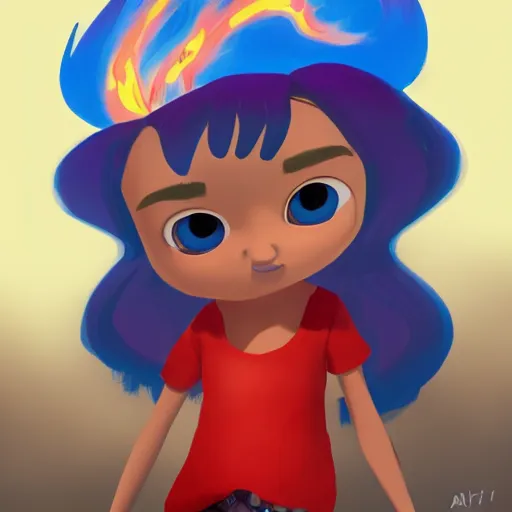 Image similar to Concept art of a 12yo cute indigenous little girl Pixar-style with a white t-shirt with red sleeves and regular blue jeans with cool shoes, her hair and eyes are imbued with fire powers trending on artstation Even Amundsen