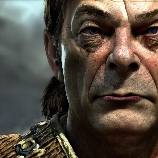 Image similar to nigel farage as a warrior in skyrim splash art, movie still, cinematic lighting, dramatic, octane render, long lens, shallow depth of field, bokeh, anamorphic lens flare, 8 k, hyper detailed, 3 5 mm film grain