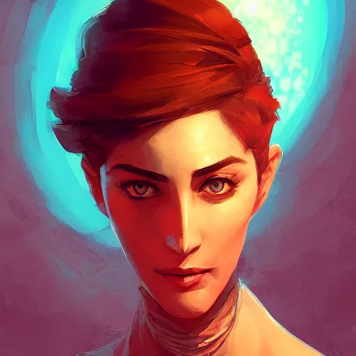 Image similar to portrait of a beautiful short haired woman, maya ali mage, gloomhaven, dynamic lighting, gaudy colors, octane render aesthetic, matte painting concept art, official fanart behance hd artstation by jesper ejsing, by rhads and makoto shinkai and lois van baarle and ilya kuvshinov and rossdraws