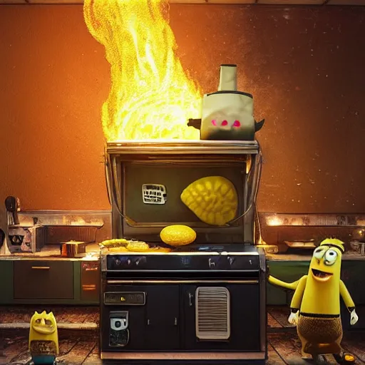 Image similar to hyperrealistic mixed media high resolution image of SpongeBob SquarePants standing next to a stove flipping burgers , stunning 3d render inspired art by István Sándorfi and Greg Rutkowski, perfect symmetry, dim volumetric lighting, 8k octane beautifully detailed render, post-processing, extremely hyper-detailed, intricate, epic composition, highly detailed attributes, highly detailed atmosphere, cinematic lighting, masterpiece, trending on artstation, very very detailed, masterpiece, stunning, flawless structure, lifelike texture, perfection,