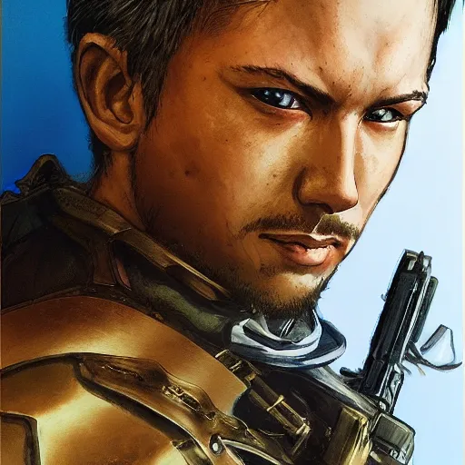 Prompt: portrait of a hero holding his sword in front of his face by yoji shinkawa, high quality, extra details, realism, ornate, colored, golden chain, blood, white skin, short hair, brown eyes, vivid, sunlight, dynamic, american man, military, futuristic freedom, white american soldier, painting