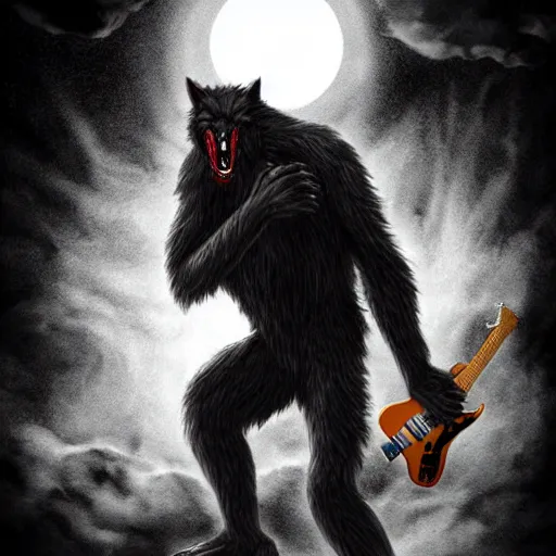 Image similar to a fearsome werewolf holding an electric guitar in the other a full moon shies behind him, dark, nighttime, gothic, cinematic scene, super detailed, hyper realistic