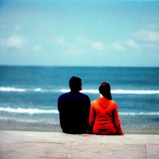 Image similar to 3 5 mm film photo of a man and a woman sitting with the sea behind them, hyperrealistic