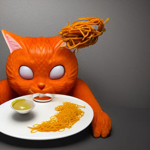 Image similar to Fat, cute orange cat in a suit eating ramen, busy restaurant, close up, octane render by Lynda Benglis, 4K, 8K