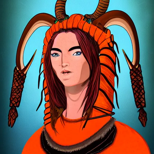 Prompt: illustrated portrait of skinny prominently ram-horned woman with orange skin and blue hair wearing leather armor, hyper detailed, photorealistic