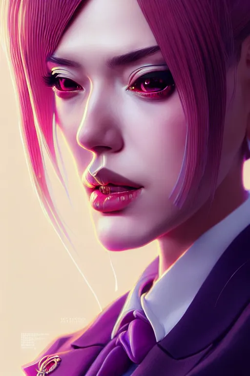 Image similar to hyperdetailed very close portrait of a european thirty years old woman in an elegant suit with a pin in a city inspired by ross tran and wlop and masamune shirow and kuvshinov, concept art, intricate, photorealistic, octane render, rtx, hdr, unreal engine, dnd digital art by artgerm fine face