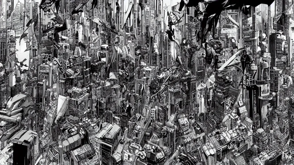 Image similar to a war in cyberpunk city, a clean line drawing, sketching, art by kim jung gi, karl kopinski,