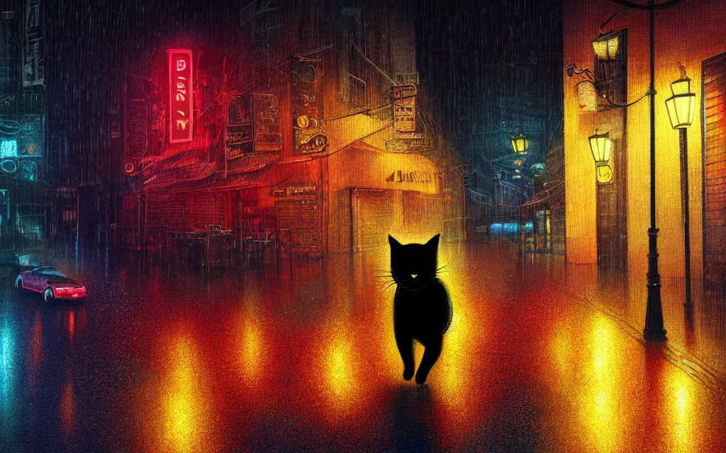 Image similar to black cat running through heavy rain in an emprty neon lit street at night by wlop, ultra detailed color art, high detail, digital art