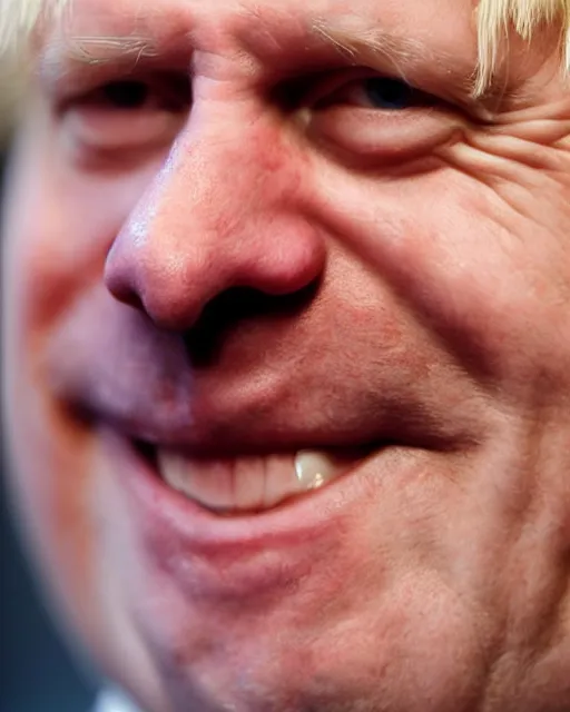 Prompt: a film still extreme close - up shot of boris johnson grinning. photography, photographic