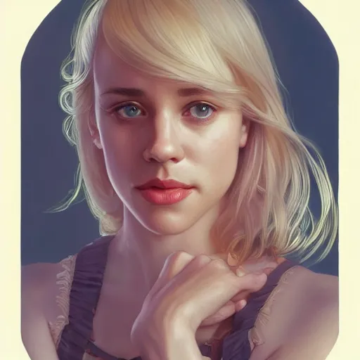 Image similar to Young blonde Rachel McAdams, highly detailed, digital painting, artstation, concept art, smooth, sharp focus, illustration, ArtStation, art by artgerm and greg rutkowski and alphonse mucha and J. C. Leyendecker and Edmund Blair Leighton and Katsuhiro Otomo and Geof Darrow and Phil hale and Ashley wood and Ilya repin and Charlie Bowater