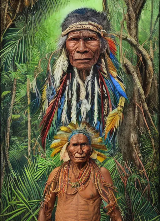 Prompt: a beautiful painting of a very old indigenous grand-father in the amazon jungle, visionary art, matte painting, ayahuasca, highly detailed