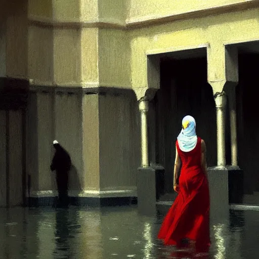 Image similar to action moment, detailed face! of a woman, courtyard, capital, cyberpunk mosque interior, control panel, watcher, omniscient, tech noir, wet reflections, impressionism, atmospheric, ambient, speed painting, livia prima, edward hopper