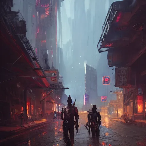 Image similar to cyberpunk wild west, dramatic lighting, city background, chiaroscuro, high detail, painted by greg rutkowski, painted by igor kieryluk, painted by bobby chiu, trending on artstation