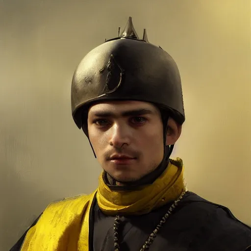 Image similar to Medium closeup young idealistic and pious homely male Imperial soldier wearing a black tabard with light yellow accents over a gambeson and a barbute!!!!! helm, by Raymond Swanland Greg Rutkowski Lise Deharm, {perfect face}, {perfect eyes}, {uncertain look}, {on edge}