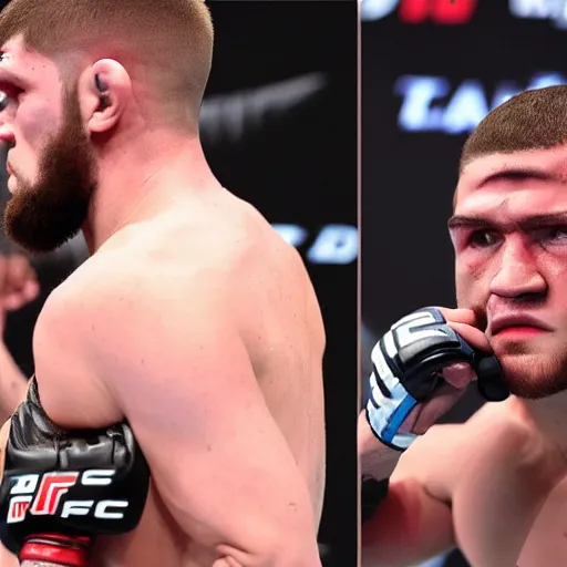 Prompt: Paddy Pimpblett knocking out Khabib Nurmagomedov, UFC, 4K details