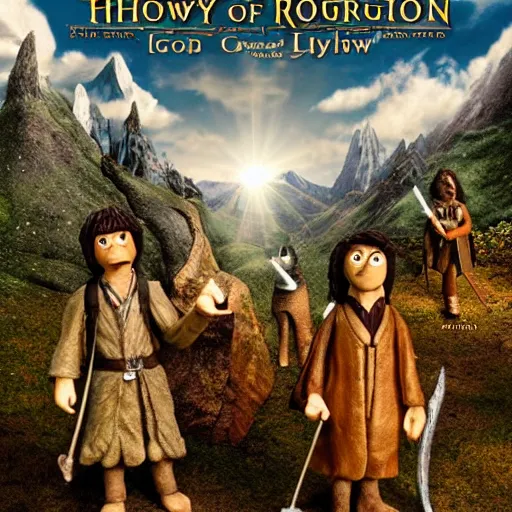 Image similar to claymation fellowship of the ring movie poster, highly detailed, tilt shift, incredibly detailed, hyperrealism, highly textured, award winning god rays