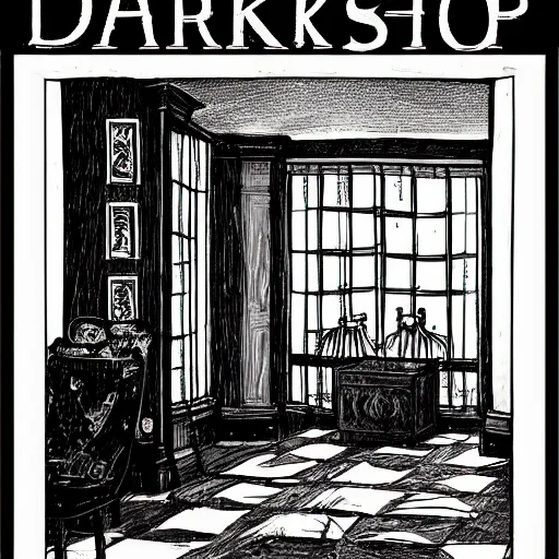 Image similar to dark shop interior illustration in style of mansion of madness by John Pacer