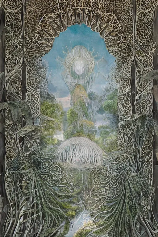 Prompt: a gorgeous painting by Viktor Hartmann of a great palace in the style of zaha hadit made from porcellain, beautiful natural soft rim light, roots, fine foliage lace, ernst haeckel, parametric architecture, parametric design, bioart, futuristic, adorned with all kind of plants, utopian, chitin, visceral, art nouveau , intricate details, satin silver beautiful gold metal details, mesh wire, neri oxman, cable wires, elegant, hyper realistic, quantum computer, ultra detailed, octane render, silicon and carbon, volumetric lighting, 8k post-production, hr giger style
