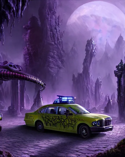 Prompt: xenomorph taxi car in a fantasy village, calming, uplifting mood, ultra realistic, farm, small buildings, highly detailed, atmosphere, violet planet in the sky, masterpiece, epic lighting, elves, green plants, magic, illuminated, 4 k, cinematic, morning sun, art by eddie mendoza