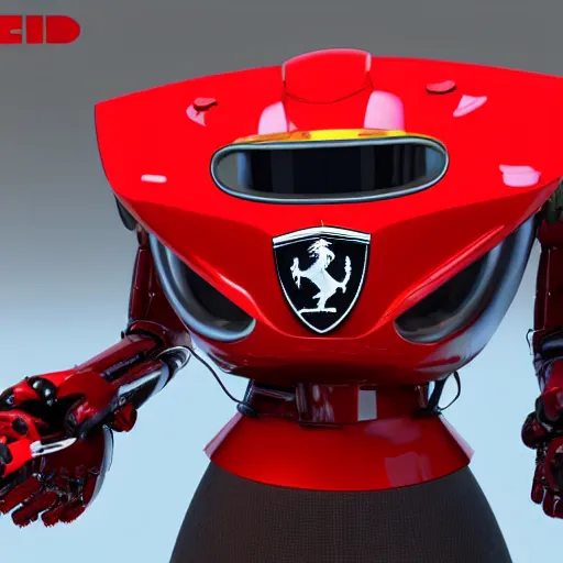 Prompt: a red robot with big tires on it's shoulders, big hands, Ferrari logo on it's chest, wearing a round helmet | unreal engine | hd | 3D model