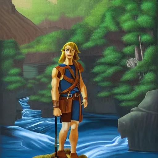 Prompt: a portrait of Link in a scenic environment by Deodato, Mike.