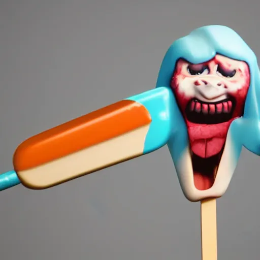 Image similar to ice cream popsicle shaped like screaming chucky doll, octane render