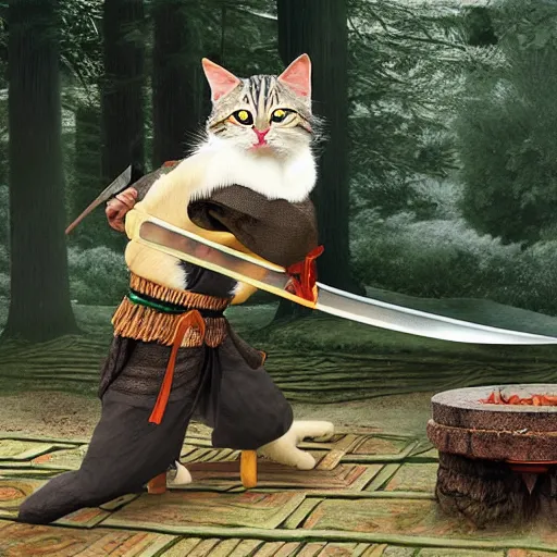 Image similar to amurai anthropomorphic cat, sharpening a sword near a fireplace in the woods, photorealistic, 8 k intricate detail,