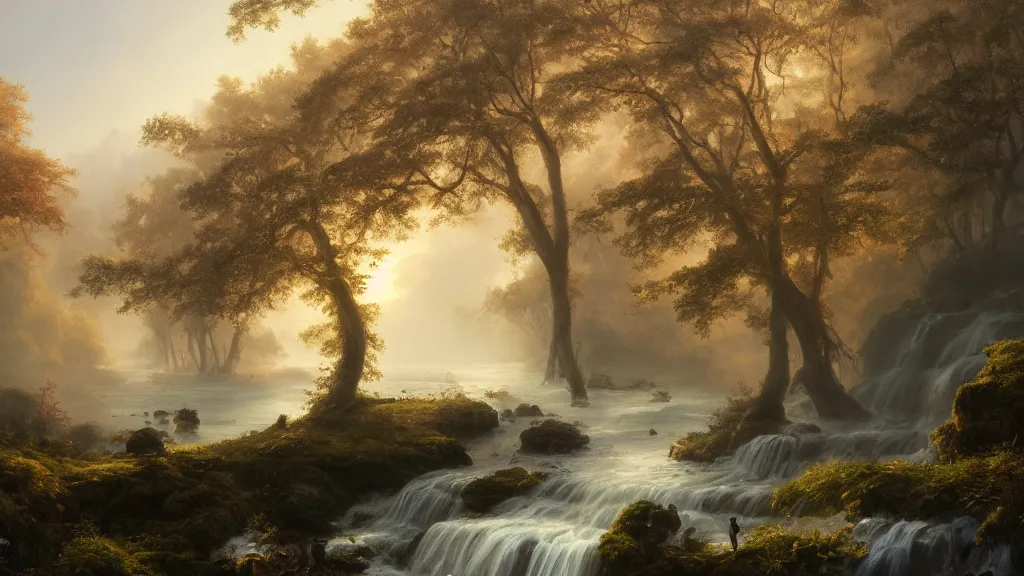Image similar to the most beautiful panoramic landscape, oil painting, where a giant dreamy waterfall creates a river, the trees around are starting to bloom in a great variety of colors, a majestic deer is drinking water from the river and a ray light of the sunrise is brightening him, there is fog by greg rutkowski